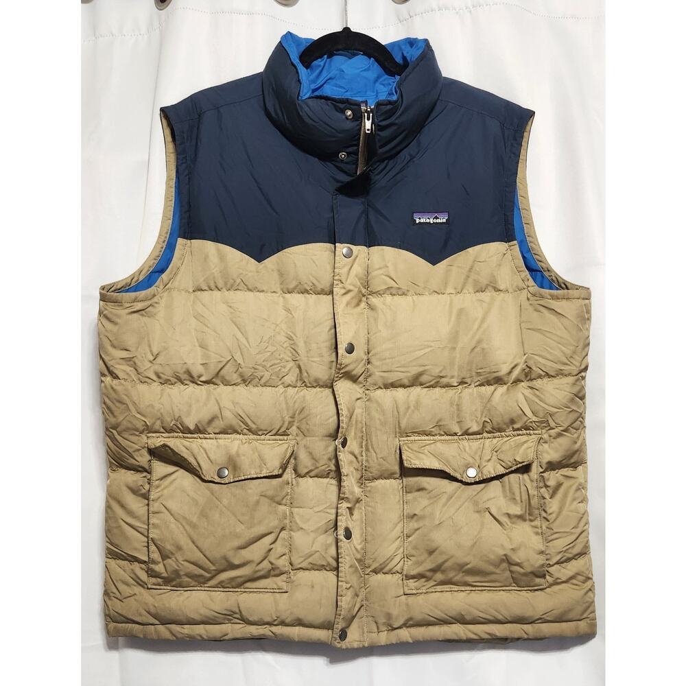 Patagonia Vest Mens XL Goose Down Slingshot Puffer Navy&Tan Stains On Pockets